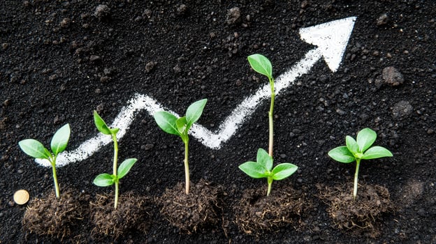 Seedlings Growing in Soil with Chalk Arrow Growth, Success, and Agricultural Investment Concept photo