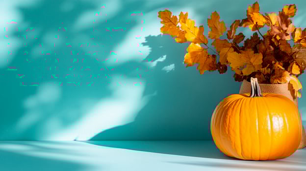 A pumpkin and leaves sit on a table photo