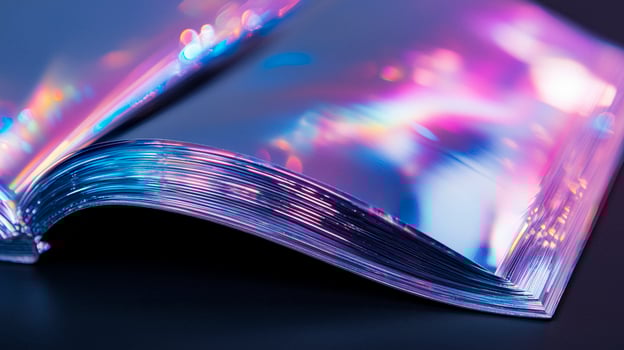 Cinematic moody shot of glossy saddle-stitched brochures under neon blue photo