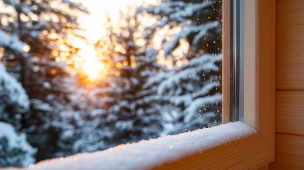 Winter window view with snow on the window sill photo