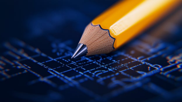 A pencil is resting on top of a blueprint close up photo