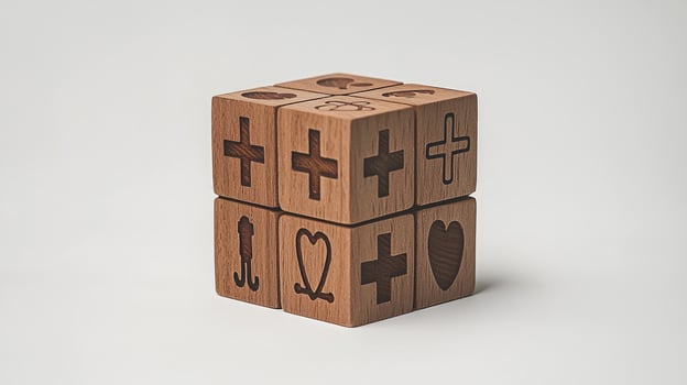 Stacked Wooden Blocks Featuring Plus Signs and Heart Icons on a Clean White Surface, Symbolizing Positivity. photo