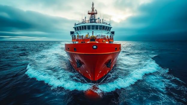 A red boat in the ocean with a cloudy sky photo