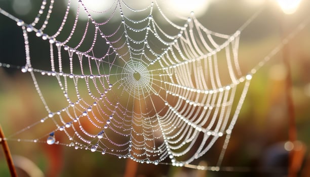 Morning light illuminates a delicate dew covered spiderweb in a meadow photo