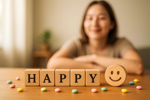 Happy woman smiling with wooden blocks spelling happy photo