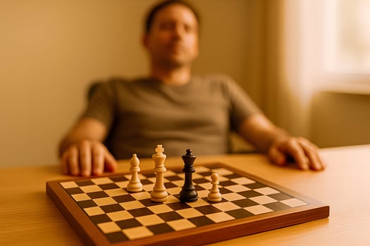 A man sitting at a table with a chess board photo