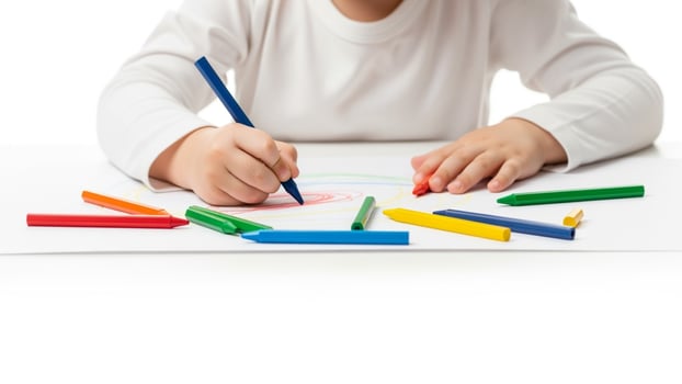 A child is drawing with colored pencils on a white background photo