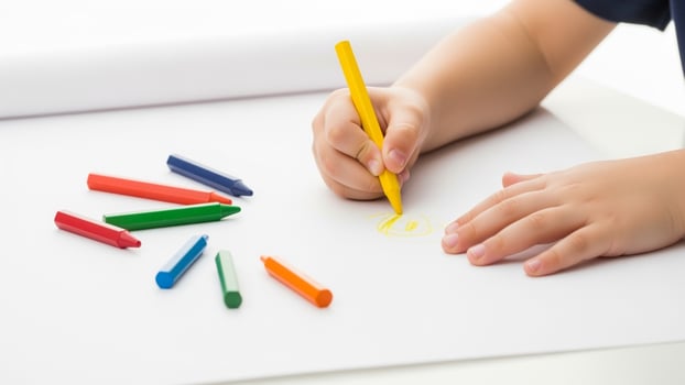 A child is drawing with colored pencils on paper photo
