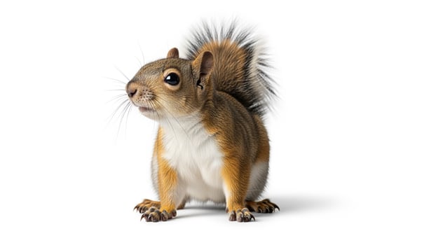 A squirrel is standing in front of a white background photo