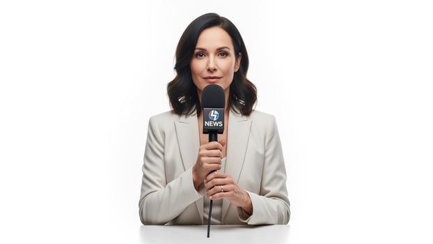 A woman is holding a microphone and looking at the camera photo