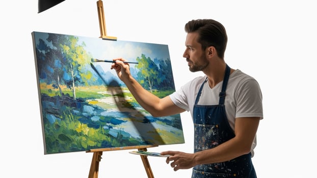 A man is painting on an easel with a brush photo