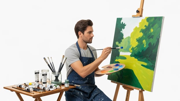 A man is painting on a canvas photo