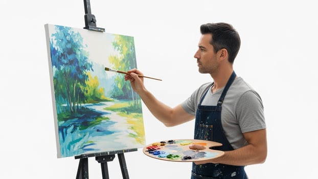 A man is painting on an easel with a palette photo