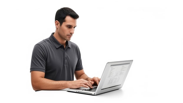 A man in a gray shirt is using a laptop photo