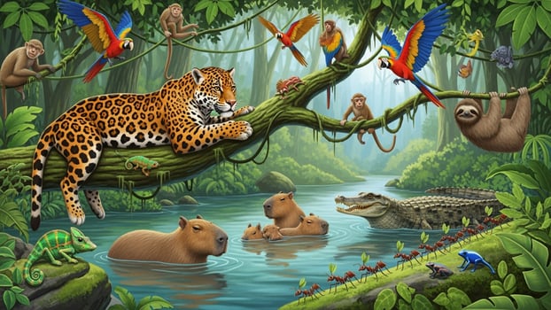 A jungle scene with animals and birds photo