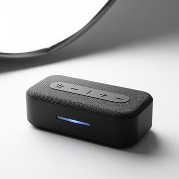 A black portable speaker sitting on a white surface photo