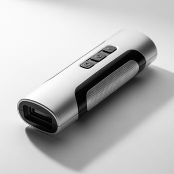 A silver and black portable speaker on a white surface photo