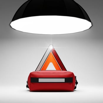 A red bag with a triangle on it and a light under it photo