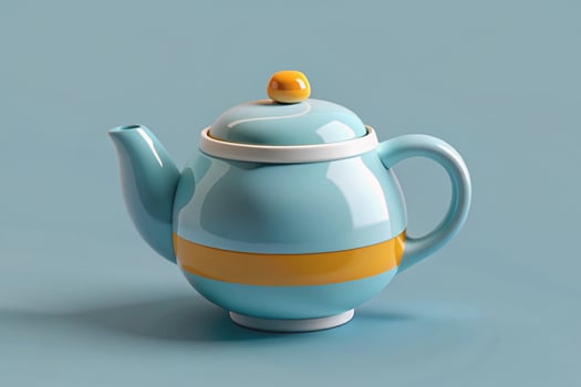 Blue and yellow striped teapot on a light blue background photo