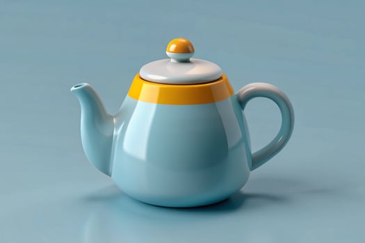 A cute blue and yellow teapot on a blue background photo