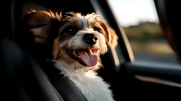 A joyful dog with a big smile and tongue hanging out happily riding in a car and taking in the sights and breeze of the open road photo