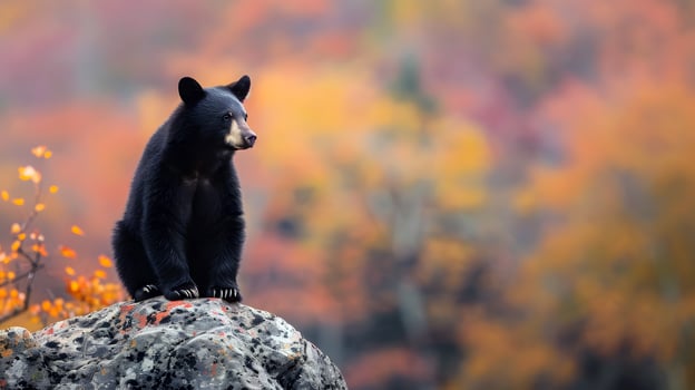 young black bear sitting on rock with colorful fall forest background photo