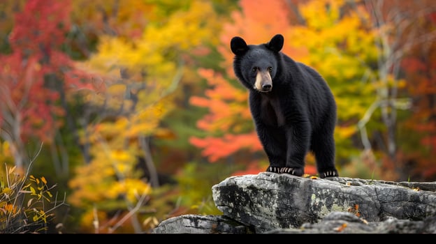 black bear calmly standing on rocky surface in forest with fall colors photo