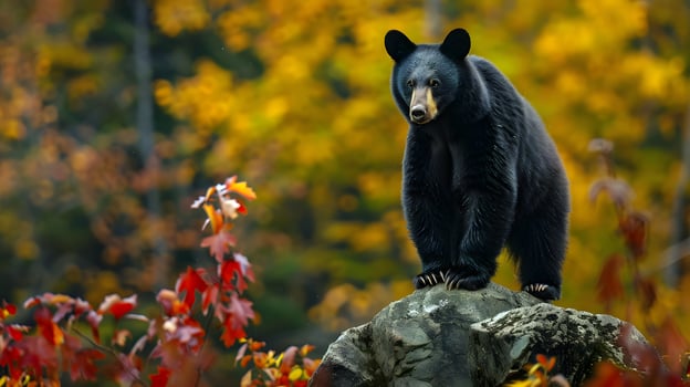 black bear alert on rocky terrain surrounded by autumn foliage photo