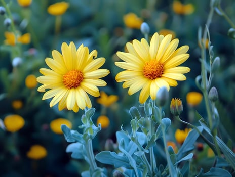 bright yellow flowers blooming in garden with green leaves and blue background photo