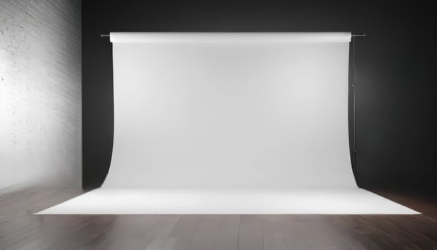 A professional photography studio setup featuring a smooth white backdrop and seamless paper roll, optimized for portraits, product, or commercial shoots. photo