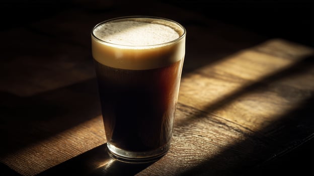 Dark beer with creamy foam in moody lighting on wooden table creates cozy and inviting atmosphere, perfect for relaxed evening at pub photo