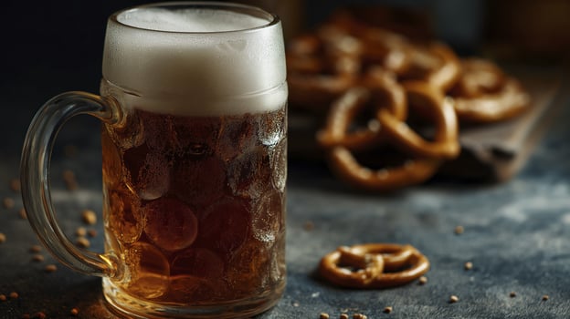 Beer mug and pretzels on table photo