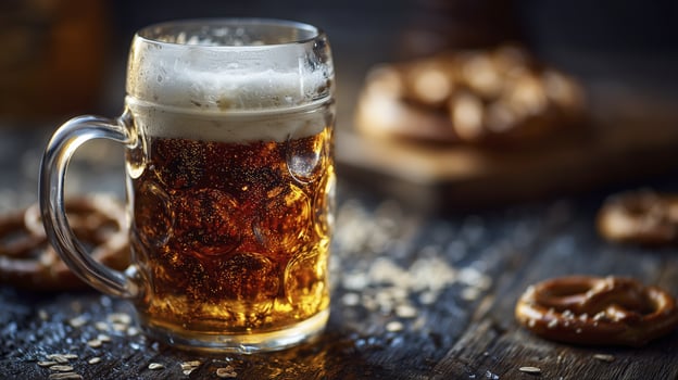 Refreshing beer mug with foamy head sits invitingly on rustic wooden surface, pretzels hinting at delightful culinary experience photo