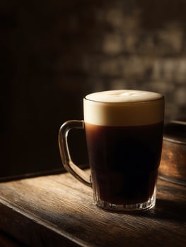 Dark beer with creamy foam in moody light expresses warmth and comfort, perfect for enjoying relaxing evening at pub photo