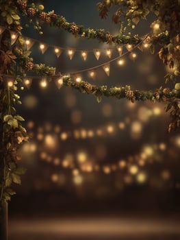 Warm lights shine joyfully across decorative garlands creating festive atmosphere. This background evokes happiness and celebration, perfect for any occasion photo