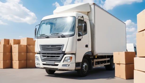 Delivery Truck with Cardboard Boxes. A white commercial delivery truck parked with stacked cardboard boxes nearby, representing logistics, shipping, and transportation services. photo