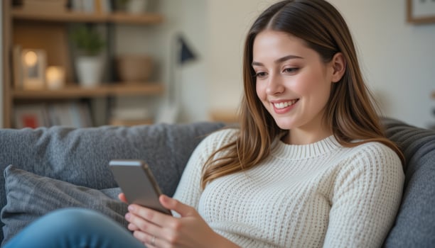 Young Woman Using Smartphone with Digital Effects. A young woman smiling and engaging with her smartphone, surrounded by digital floating icons, indicating social media, communication photo