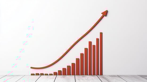 Red bar chart with upward arrow showing growth and success on white wall with wooden floor photo