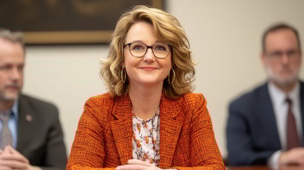 Confident businesswoman in orange blazer smiling during meeting with two male colleagues in formal suits photo