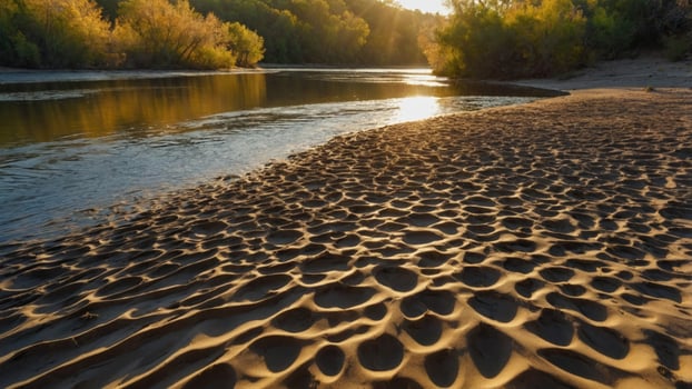 Serene riverbank at sunset showcasing intricate sand patterns with lush greenery in the background photo