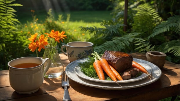 A rustic outdoor dining setup featuring a plate of roasted meat and fresh carrots, surrounded by nature photo