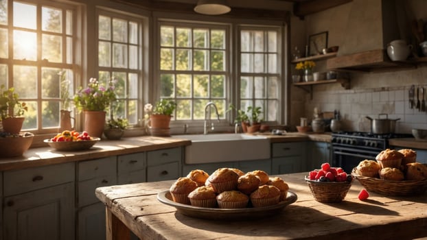 A kitchen with a table full of fruit and bread photo