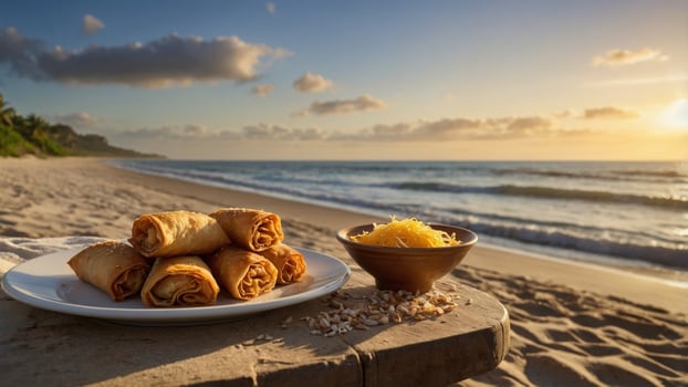 Delicious golden spring rolls served on a beachside table at sunset, with ocean waves in the background photo