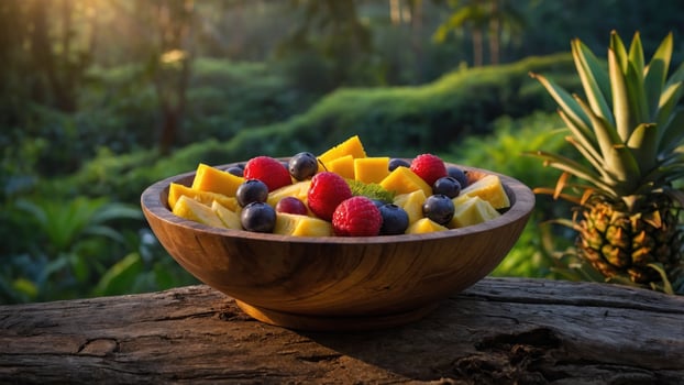 Freshly cut tropical fruit salad in a wooden bowl, surrounded by lush greenery and sunlight photo