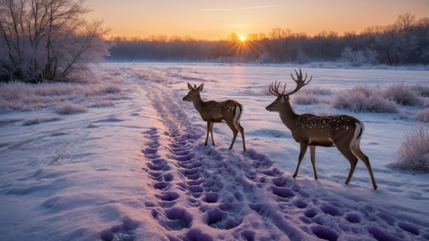 Two deer are walking in the snow at sunset photo