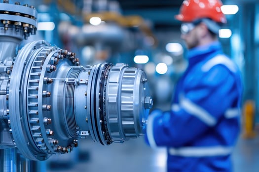 Industrial turbine component close up with engineer in safety gear inspecting machinery in modern factory environment photo