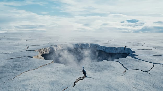 Cracked barren ground with large steaming crater under cloudy sky creating dramatic and mysterious atmosphere photo
