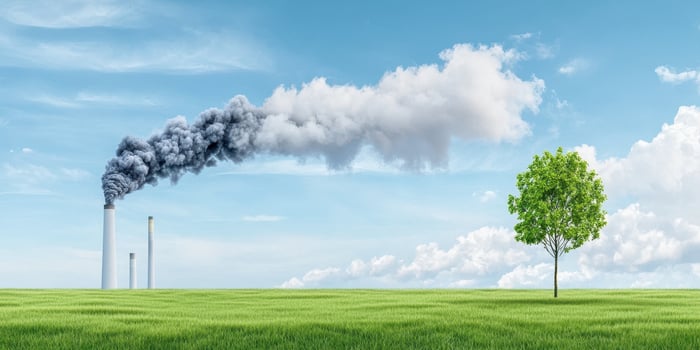 Pollution from factory chimneys emitting dark smoke contrasts with single green tree in bright grassy field under blue sky photo
