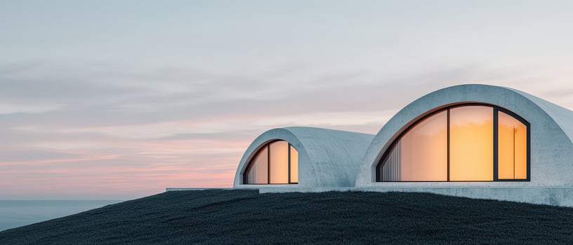 Modern curved concrete house with large arched windows glowing warmly at sunset on grassy hill under pastel sky photo