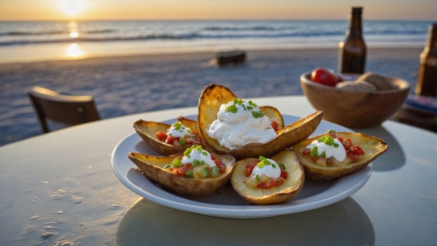 Delicious stuffed baked potatoes topped with cream and vegetables served on a beachside table at sunset photo